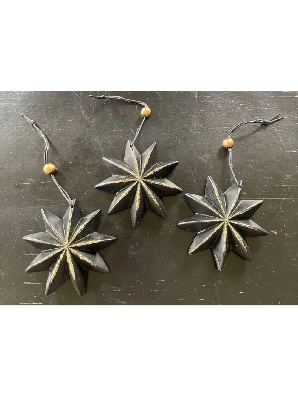 Set of 3 Black Star-Shape Hanging Ornaments with Gold Detailing